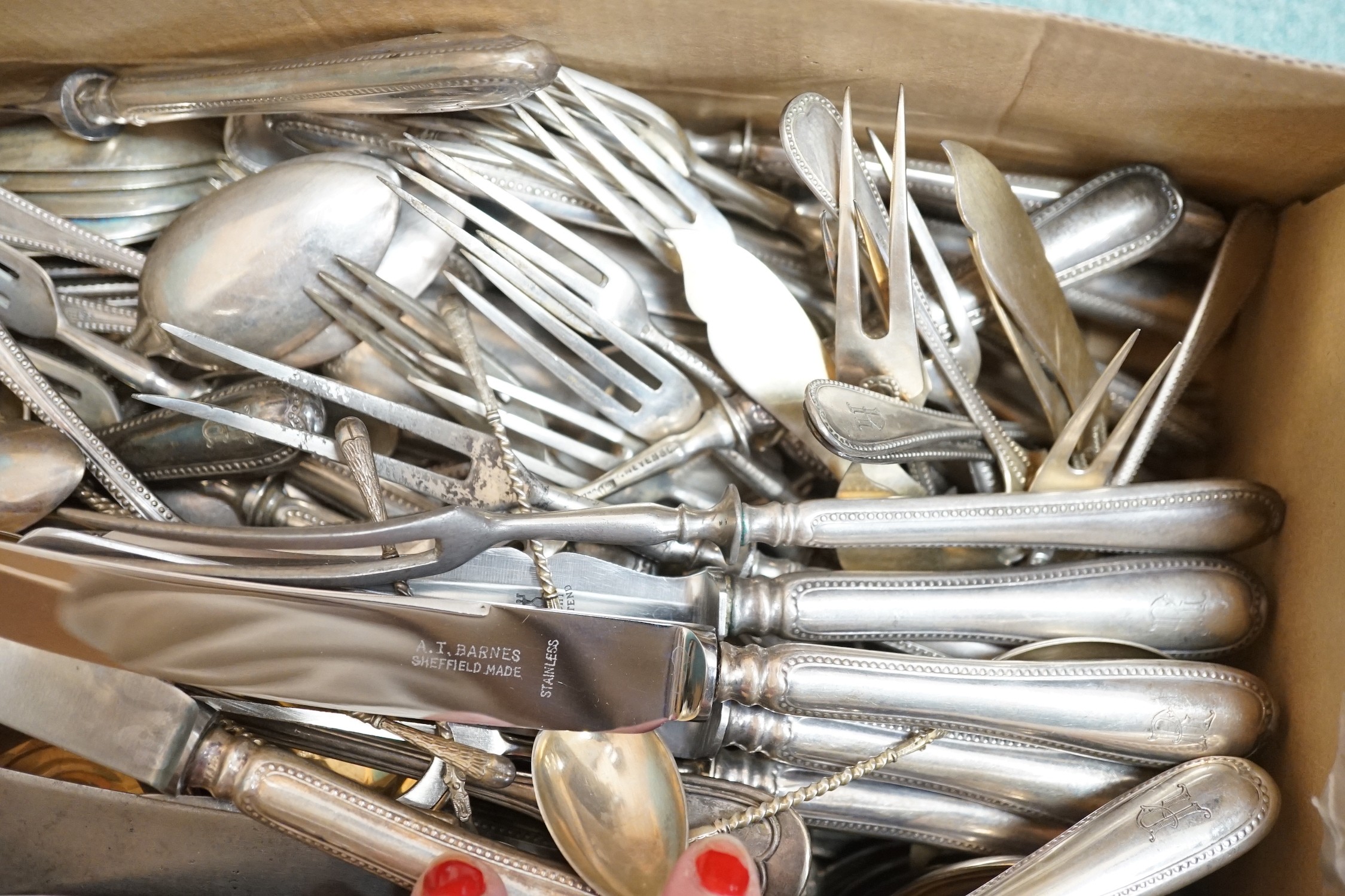 A part canteen of German 800 standard beaded pattern white metal cutlery, by H. Meyen & Co, comprising ten dessert forks, eight pairs of fish eaters, eight table forks, seven tablespoons, eighteen dessert spoons, eightee